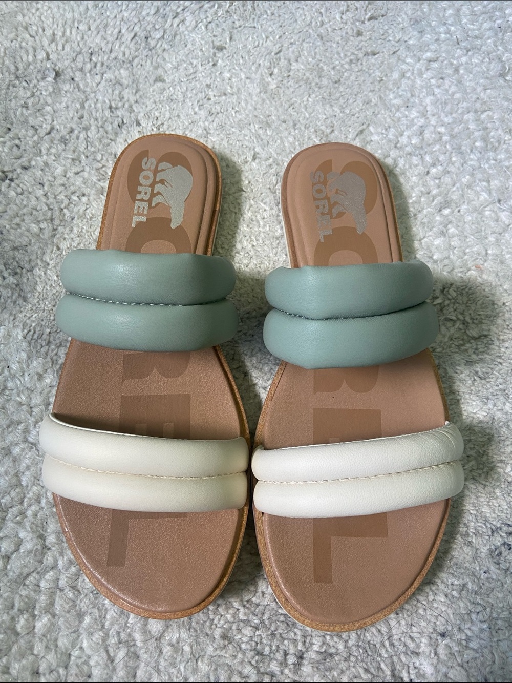 Sorel Ella II Puff Slide Two-Strap Slide Sandals in Sage and Cream - Picture 3 of 9
